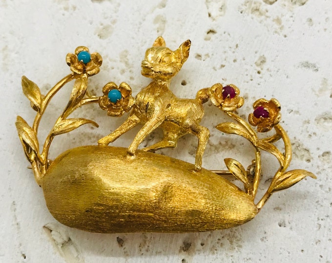 Vintage Yellow Gold Ruby and Turquoise Bambi Pin, Deer Pin, Fawn Brooch, Deer with Flowers Pin/Brooch