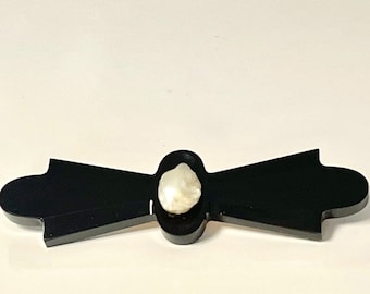 Vintage 14k Black Onyx & Pearl Bar Pin Brooch