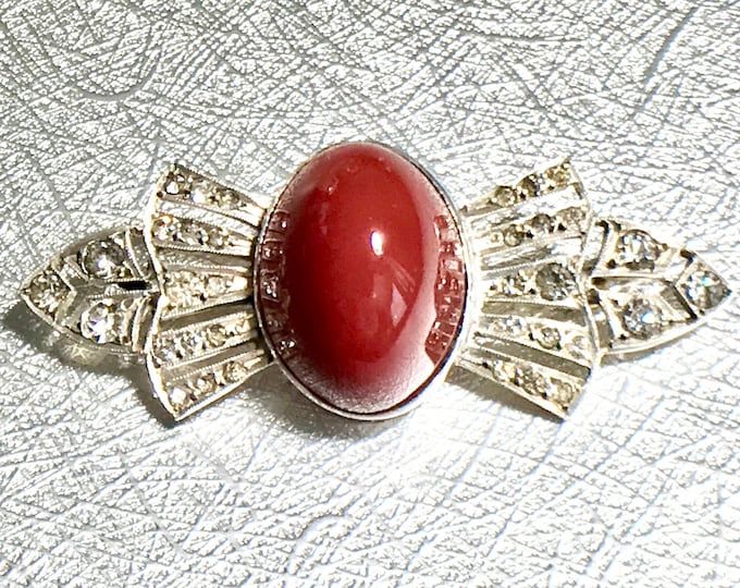 Art Deco Sterling Silver Carnelian Colored and Rhinestone pin, Vintage Pin, Rhinestone Brooch, Tailored Art Deco Pin with Rhinestones