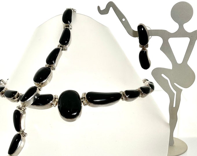 Sterling Silver Black Onyx Bracelet, Necklace and Earring Set, Sterling and Black Onyx Parure, Suite of Black Onyx Jewelry, Hallmarked