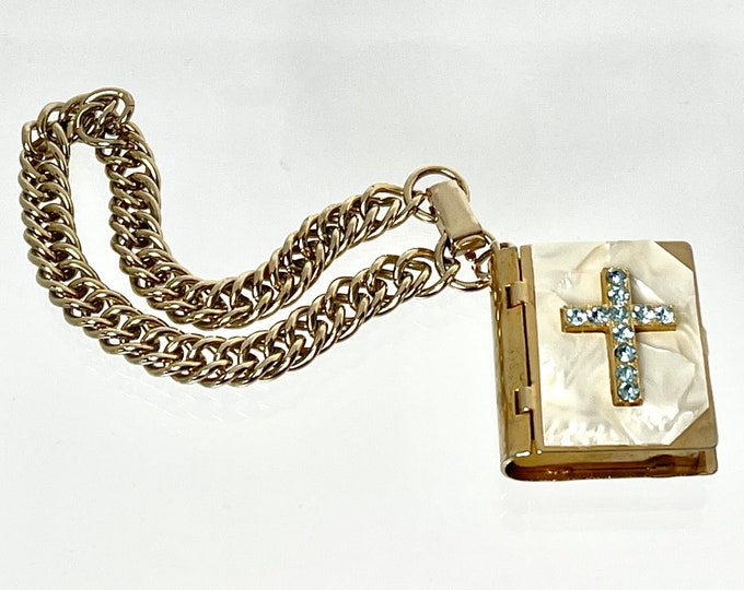 Vintage Gold Tone Bible Locket Charm with Blue Rhinestones and Rosary, Vintage Bible Locket, Vintage Rosary, Vintage Bible with Rhinestones