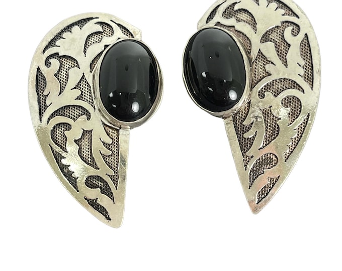 Vintage Sterling Silver and Black Onyx Clip On Earrings, Black Onyx Earrings, Black Onyx Statement Clip On Earrings