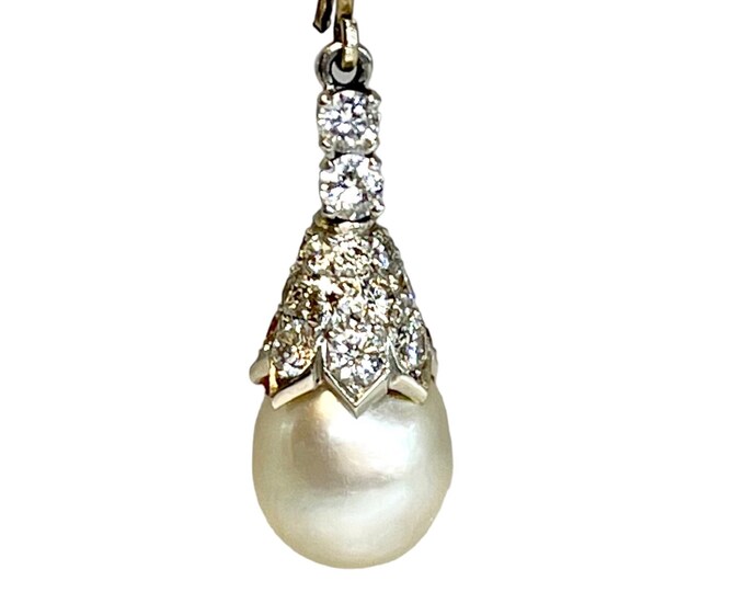 14 Karat White Gold Diamond and Pearl Pendant, Vintage Diamond and Pearl Pendant set in White Gold
