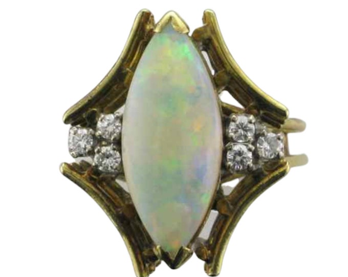 14 Karat Yellow Gold Opal and Diamond Ring with Angular Design, Opal and Diamond Ring, Vintage Opal and Diamond Ring