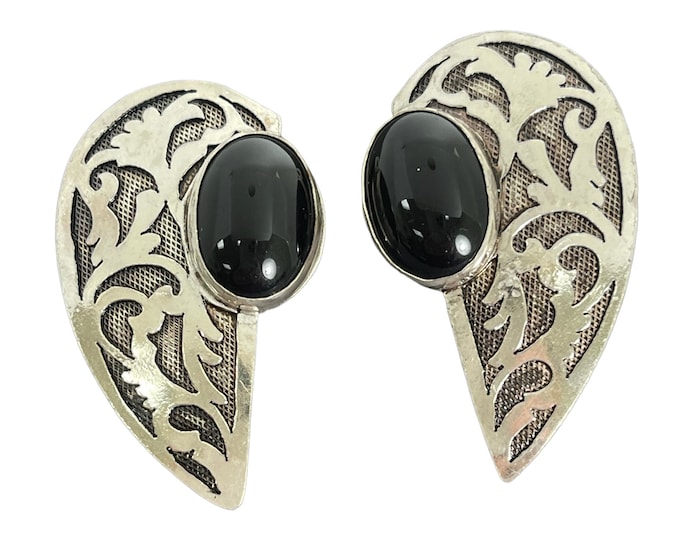 Vintage Sterling Silver and Black Onyx Clip On Earrings, Black Onyx Earrings, Black Onyx Statement Clip On Earrings