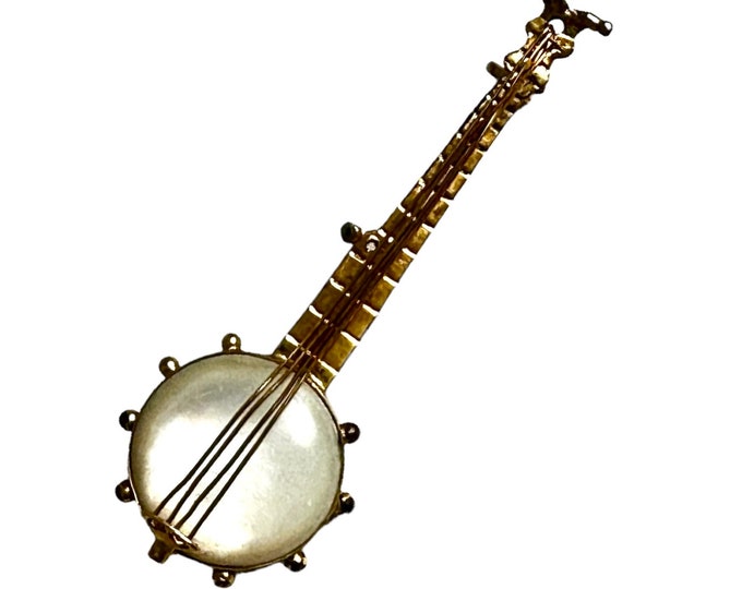 Antique 9 Carat Yellow Gold English Banjo Brooch, Hallmarked Banjo Brooch with Mother of Pearl