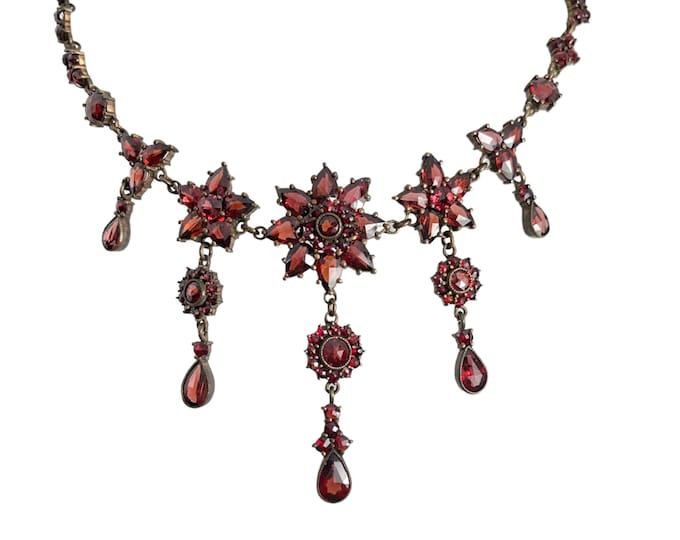 Bohemian Garnet Necklace, Antique Garnet Necklace with Garnet Drops, Vintage Garnet Necklace, Victorian Garnet Necklace