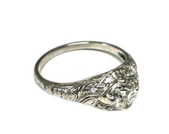 Vintage Old European Cut Diamond Ring, Platinum Filigree Engagement Ring, Edwardian Style Wedding Ring