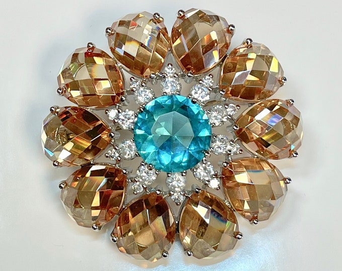 Colorful Rhinestone Brooch - Classic Vintage Sterling Silver Pin
