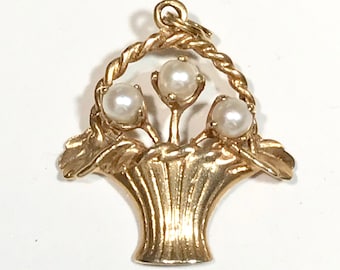 Yellow Gold Flower Basket Charm, Flower Basket Pendant, Flower Pendant or Charm, Vintage Pearl Pendant or Charm, Pearl Pendant