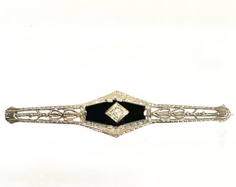 Antique 14k White Gold Filigree Bar Pin: Black Onyx & Diamond Brooch