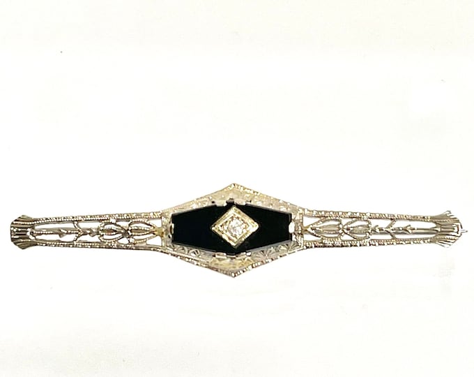 Antique White Gold Black Onyx and Diamond Filigree Bar Pin, Filigree Bar Pin, Black Onyx and Diamond Brooch