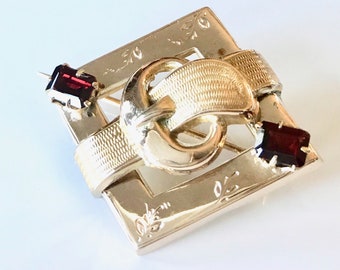 Yellow Gold Garnet Buckle Brooch: Victorian English Pin