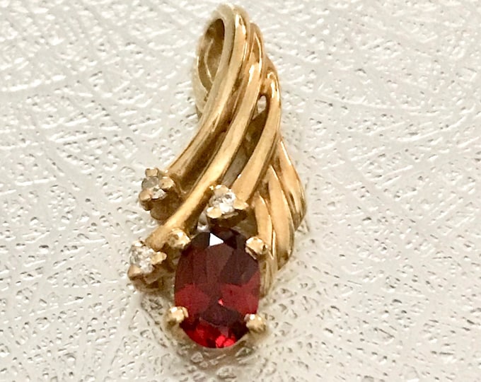 Yellow Gold Garnet and Diamond Pendant, 14 Karat Yellow Gold Pendant, Vintage Pendant, Vintage Garnet Pendant