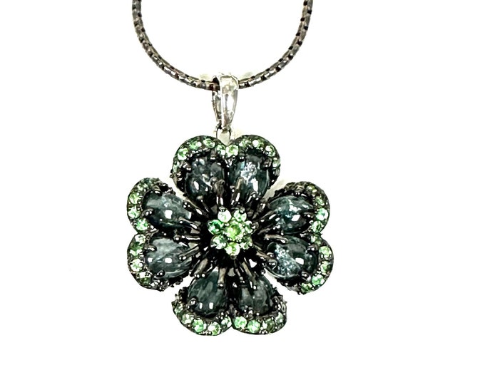 Elegant Sterling Silver Pendant with Tsavorites and Tourmalines in a Floral Design - Complete with Sterling Silver Chain