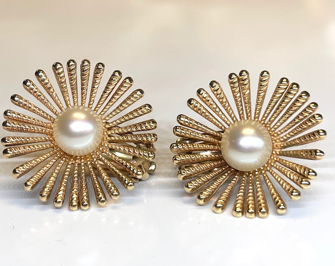 Vintage Pierced Pearl Earrings, Gold Sunburst Pearl Earrings, Pearl Earrings, Pierced Pearl Earrings, Statement Earrings