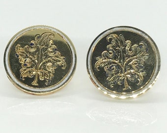 Yellow Gold Engraved and Enameled Antique Earrings, Earrings Converted From Cufflinks, Hallmarked Earrings, Pierced Earrings