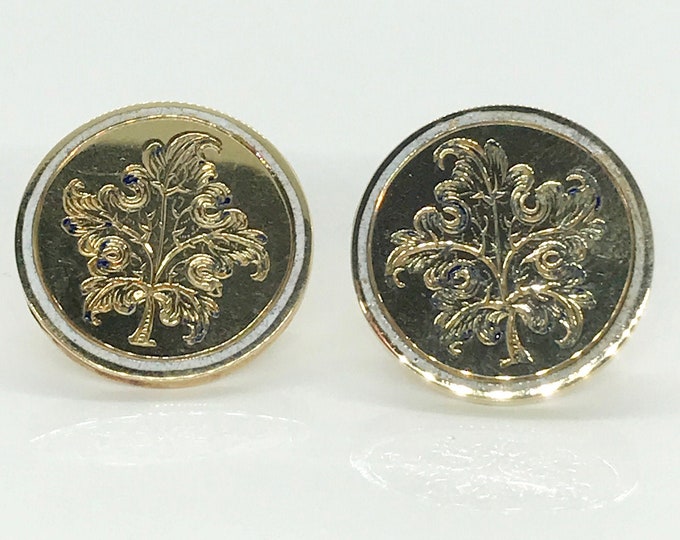 Yellow Gold Engraved and Enameled Antique Earrings, Earrings Converted From Cufflinks, Hallmarked Earrings, Pierced Earrings