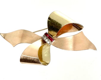 Gold und Rose Bow Pin mit Strass, Strass Brosche, Schleifenbrosche, signierte Taylord Brosche, Strass Schleifen Pin