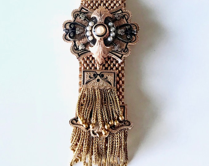 Yellow Gold Victorian "Cuff" Bracelet, Mesh Bracelet with Foxtail Tassel, Black Enamel and Pearl Bracelet, Grand Period Jewelry