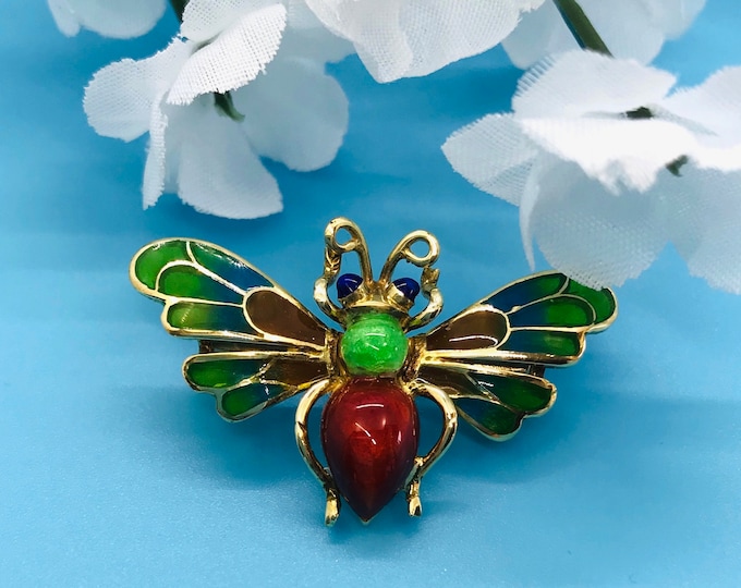 Yellow Gold Enamel and Plique-a-Jour Bee Pin, Bee Brooch, Vintage Bee Pin