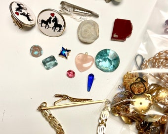 Bag Lot of Vintage Bits and Pieces of Jewelry, Loose Stones, Silver Tone Chain, Enamel Cuff Links, Vintage Tie Bars