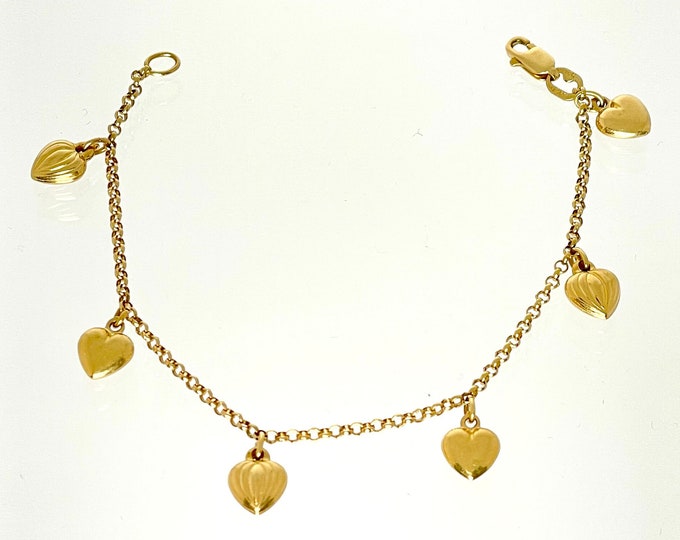 Heart Charm Bracelet, Vintage 14 Karat Yellow Gold Heart Charm Bracelet, Vintage Bracelet