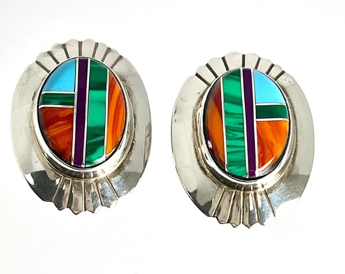 Vintage American Indian Inlaid Clip On Earrings, Turquoise Coral Sugilite  and Malachite Earrings, American Sterling Silver Clip On Earrings