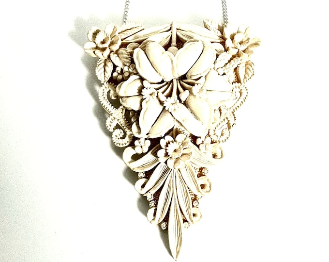 Victorian Style Vintage 1920's Celluloid Carved Pendant in Floral Design, OOAK Gift For Her