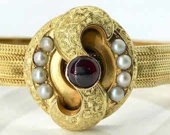 Yellow Gold Hand Engraved Garnet and Pearl Slide Bracelet, Mid Victorian Bracelet, Antique Garnet and Pearl Mesh Bracelet, Mesh Bracelet