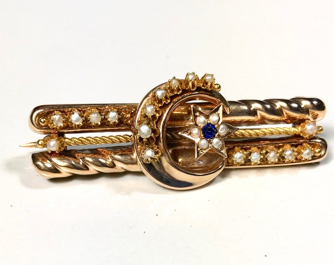 Yellow Gold Crescent Moon and Star Pin, Victorian Pin, Crescent Moon and Star Sapphire and Pearl Pin