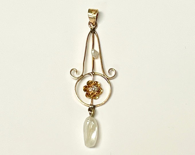 Yellow Gold Diamond and Pearl Pendant, Vintage Pearl and Diamond Pendant, Victorian Lavaliere, Antique Diamond and Pearl Pendant