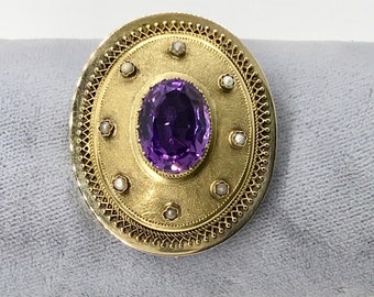 Antique Yellow Gold Amethyst and Pearl Brooch with Satin Finish,  Antique Brooch, Amethyst Pin, Amethyst Brooch, Watch Pin