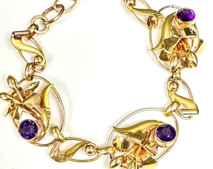 Yellow and Rose Gold Amethyst Link Bracelet with Floral Design, Amethyst Bracelet, Vintage Bracelet, Antique Bracelet, Retro Bracelet