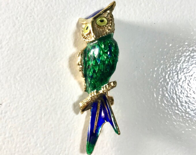 Yellow Gold Blue and Green Enamel Owl Pin; Owl Pin; Enamel Owl Pin; Enameled Owl; Owl