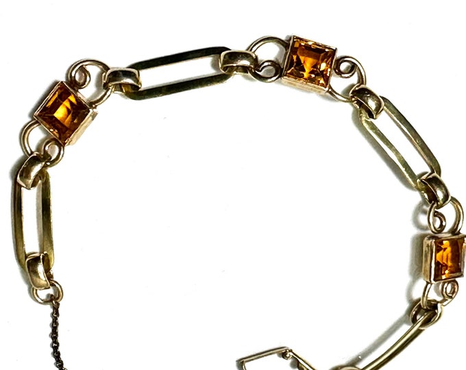 Yellow Gold Filled Bracelet with Three Yellowish Orange Square Glass Accents