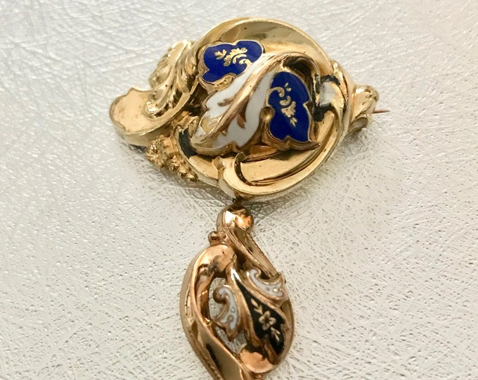Victorian Rolled Gold Plate Pin, Victorian Enamel Pin, Antique Pin with Dangle Accent, Antique Brooch