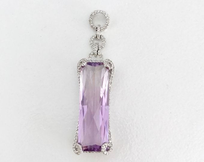 14 Karat White Gold Amethyst and Diamond Pendant, Fancy Cut Amethyst, Amethyst Pendant, Vintage Pendant, February Birthstone Pendant