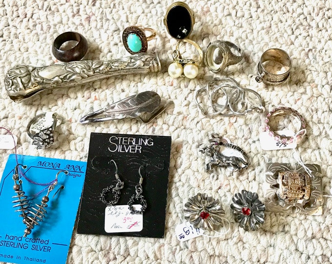 Collection of Odds and Ends, Bits and Pieces of Jewelry, Recycle Jewelry, Pin, Earrings, Rings, Puzzle Ring, C.Z. Ring