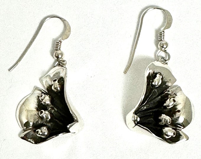 Sterling Silver Flower Motif Dangle Earrings, Vintage Sterling Pierced Earrings