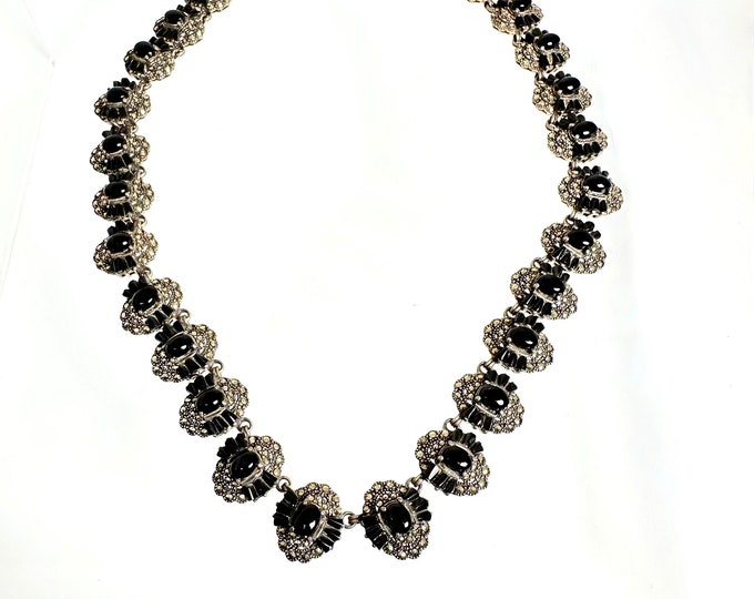 Vintage Sterling Silver Black Onyx and Marcasite Necklace, Sterling Silver Marcasite Link Necklace