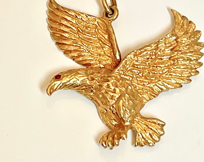 Vintage Yellow Gold Eagle Necklace, Eagle Pendant With Ruby Eye