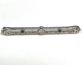 Elegant Antique Filigree Bar Pin with Sapphire and Diamond Accents