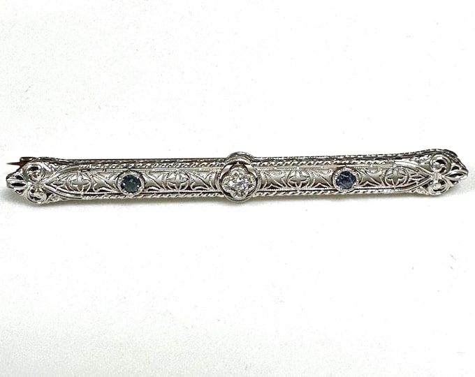 Elegant Antique Filigree Bar Pin with Sapphire and Diamond Accents