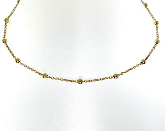 18K Yellow Gold Bead Station Necklace: Minimalist Gold Choker