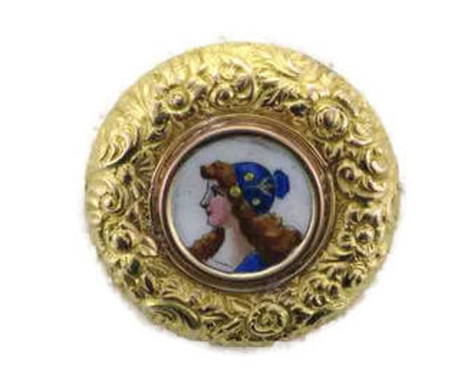Victorian Yellow Gold Enamel Repusse Pin, Antique Pin, Victorian Brooch, Enamel Pin, Pin, Brooch, Yellow Gold Pin, Round Pin, Painted Pin