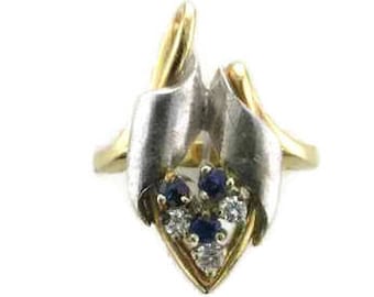 14K Yellow & White Gold Sapphire Diamond Ring - 1960s Estate Ring