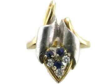 14 Karat Yellow and White Gold Blue Sapphire and Diamond Free Form Ring, Sapphire and Diamond Ring, Estate Ring, White and Yellow Gold Ring