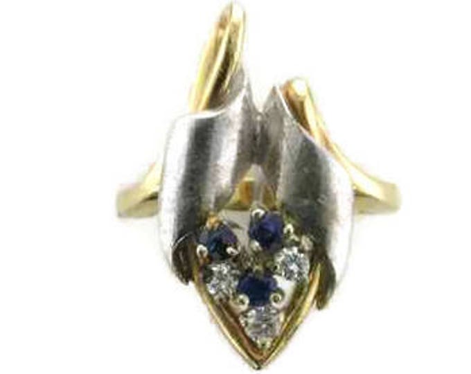 14 Karat Yellow and White Gold Blue Sapphire and Diamond Free Form Ring, Sapphire and Diamond Ring, Estate Ring, White and Yellow Gold Ring