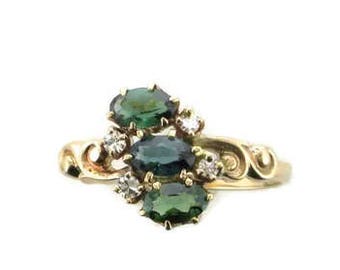 Green Tourmaline and Diamond Victorian Ring Set in 14 Karat Yellow Gold